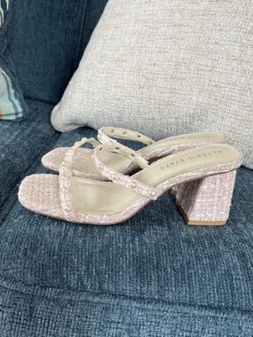 Altar’d State Pink Tweed Pearl-Trim Block Heel Sandals
